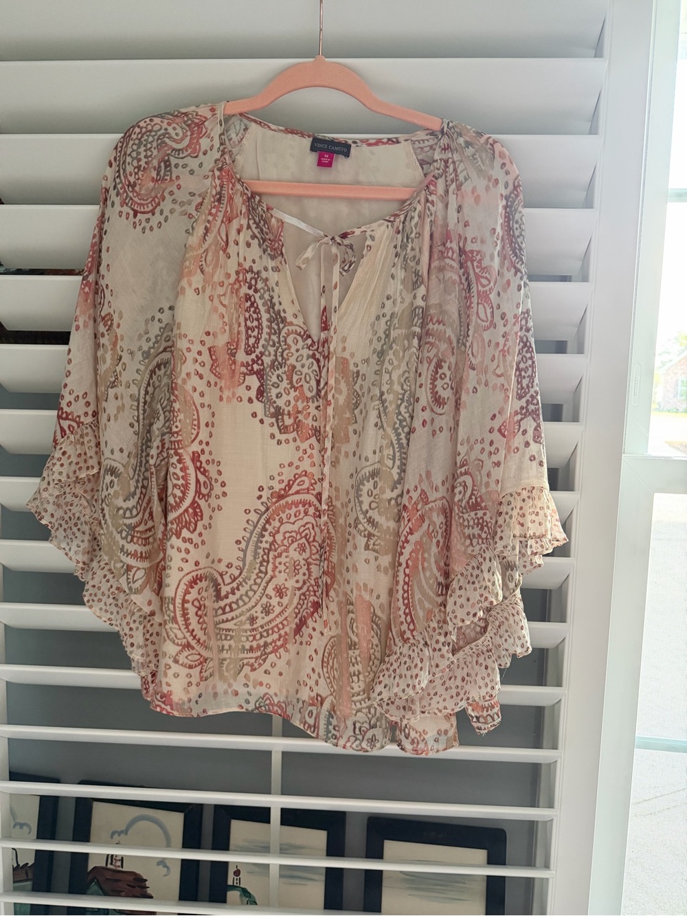 Vince Camuto Cream Paisley Tie-Neck Blouse, Medium